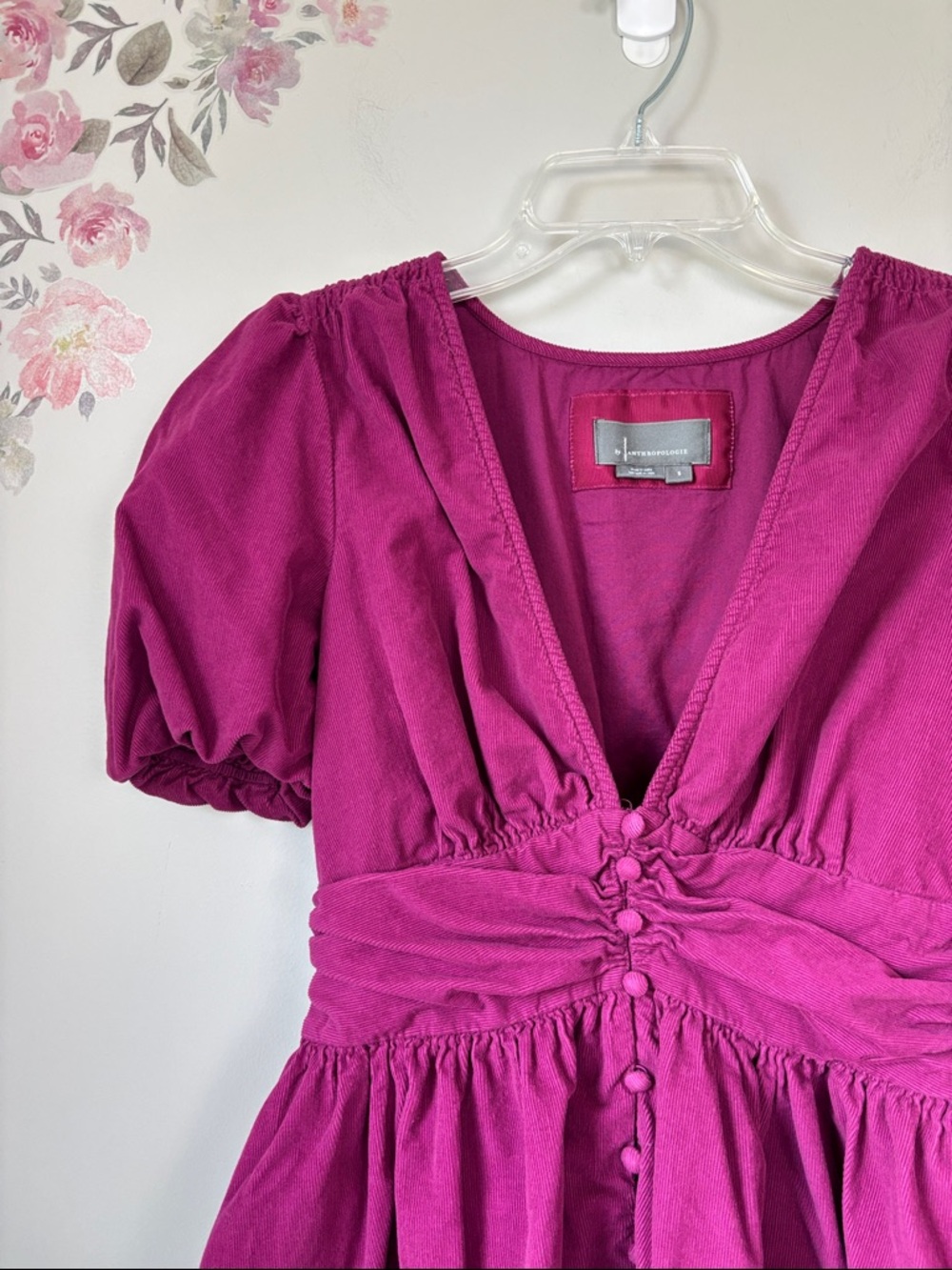 Anthropologie Fuchsia Corduroy V Neck Button Down Mini Dress - S - Picture 2 of 10